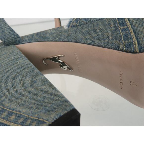 MIU MIU 5XP832 BLUE WASHED DENIM BUCKLE ANKLE STRAP SANDAL PLATFORM PUMPS 37 - Picture 12 of 14